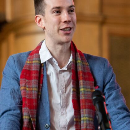 SSP co-chair Calum Martin with a very fetching Internationale tartan scarf