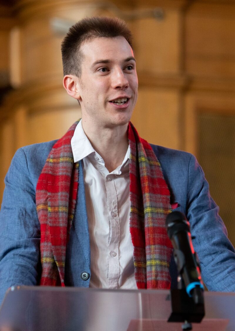 SSP co-chair Calum Martin with a very fetching Internationale tartan scarf