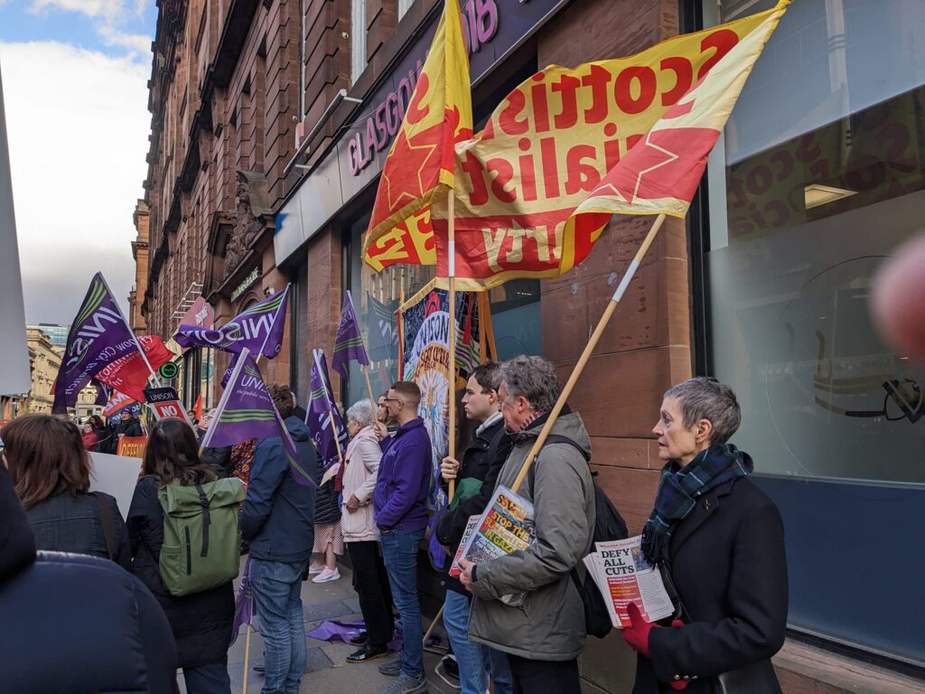 SSP campaigners with UNISON members protesting HSCP cuts in Glasgow, March 2024