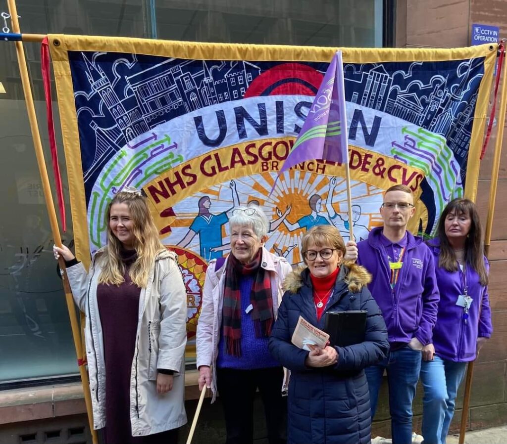 UNISON NHS Glasgow Clyde & CVS branch members protesting HSCP cuts, March 2024